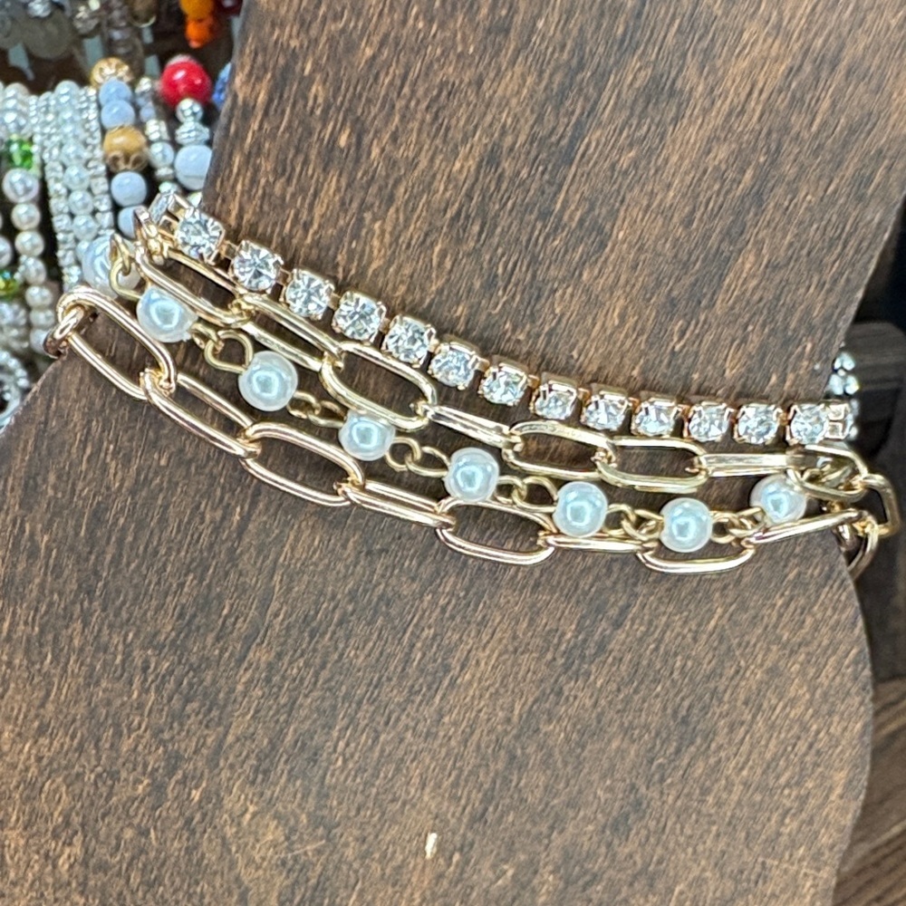 NWT Elegant Gold Tone Bracelets with Pearl and Crystal Details